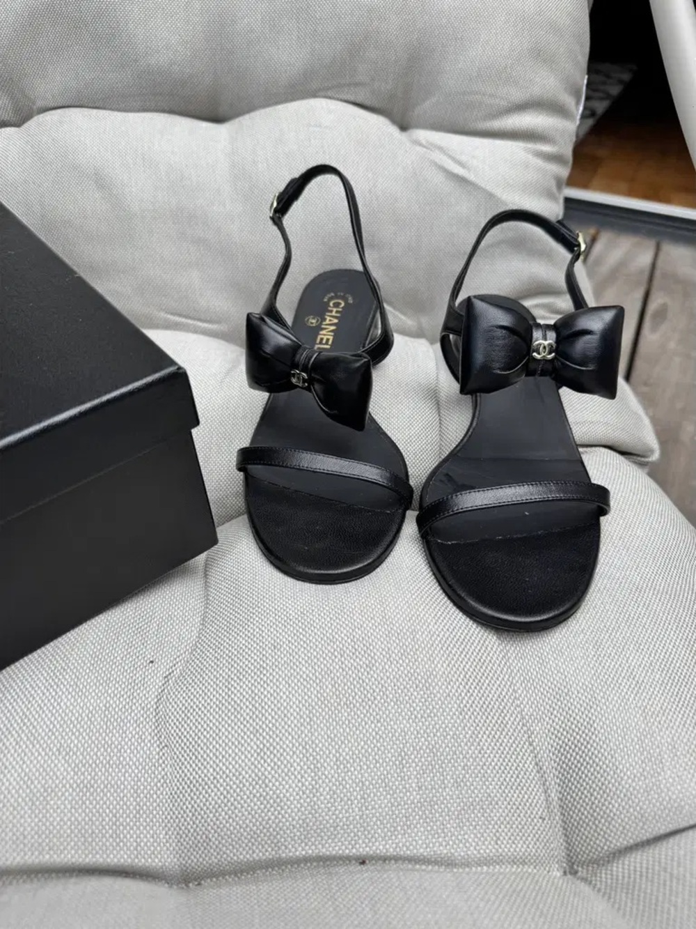 CHANEL Black Leather Bow Slingback Sandals